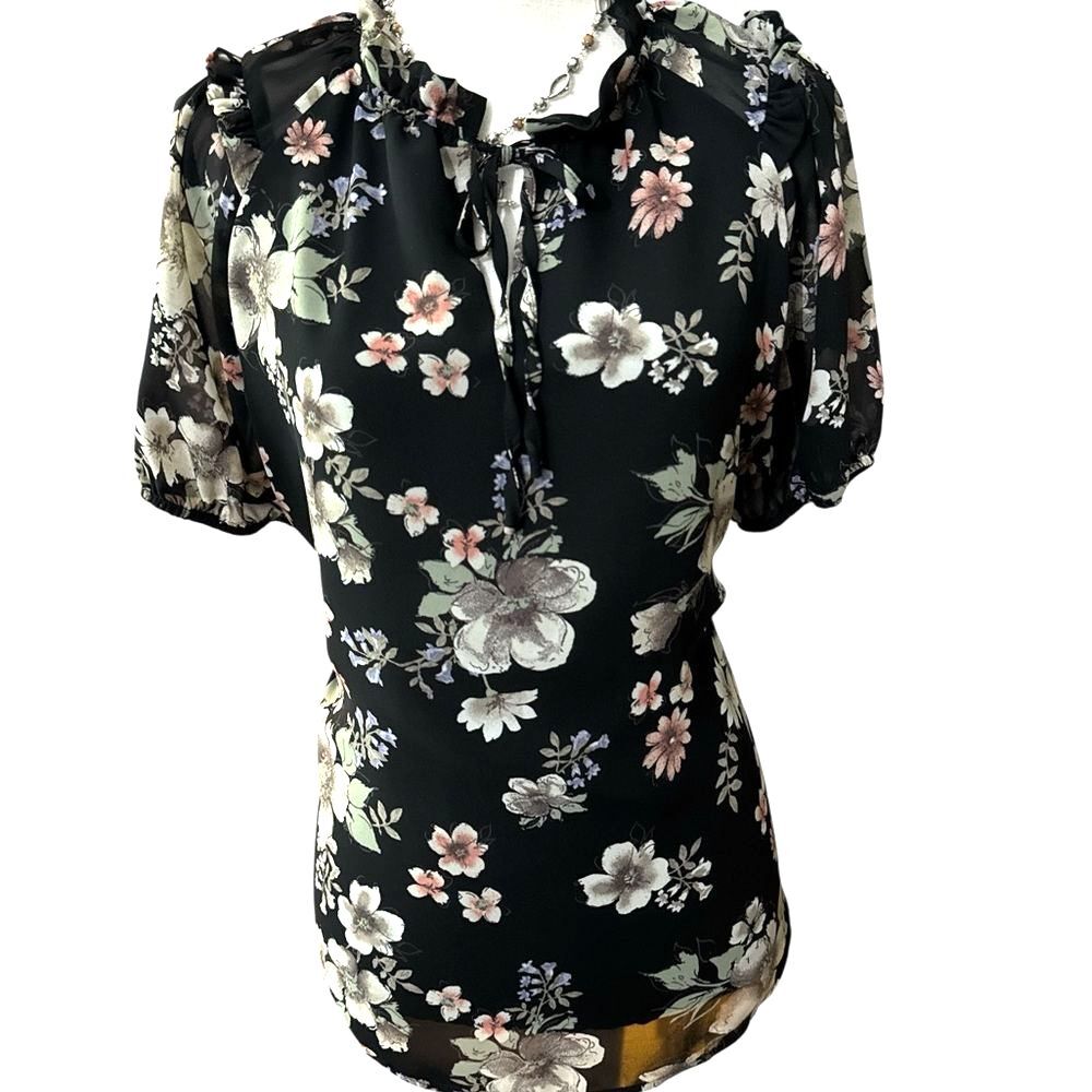 Pleione Black Floral Blouse Ruffle Neck Tie Front Sheer Sleeve Boho Size L - Picture 2 of 12
